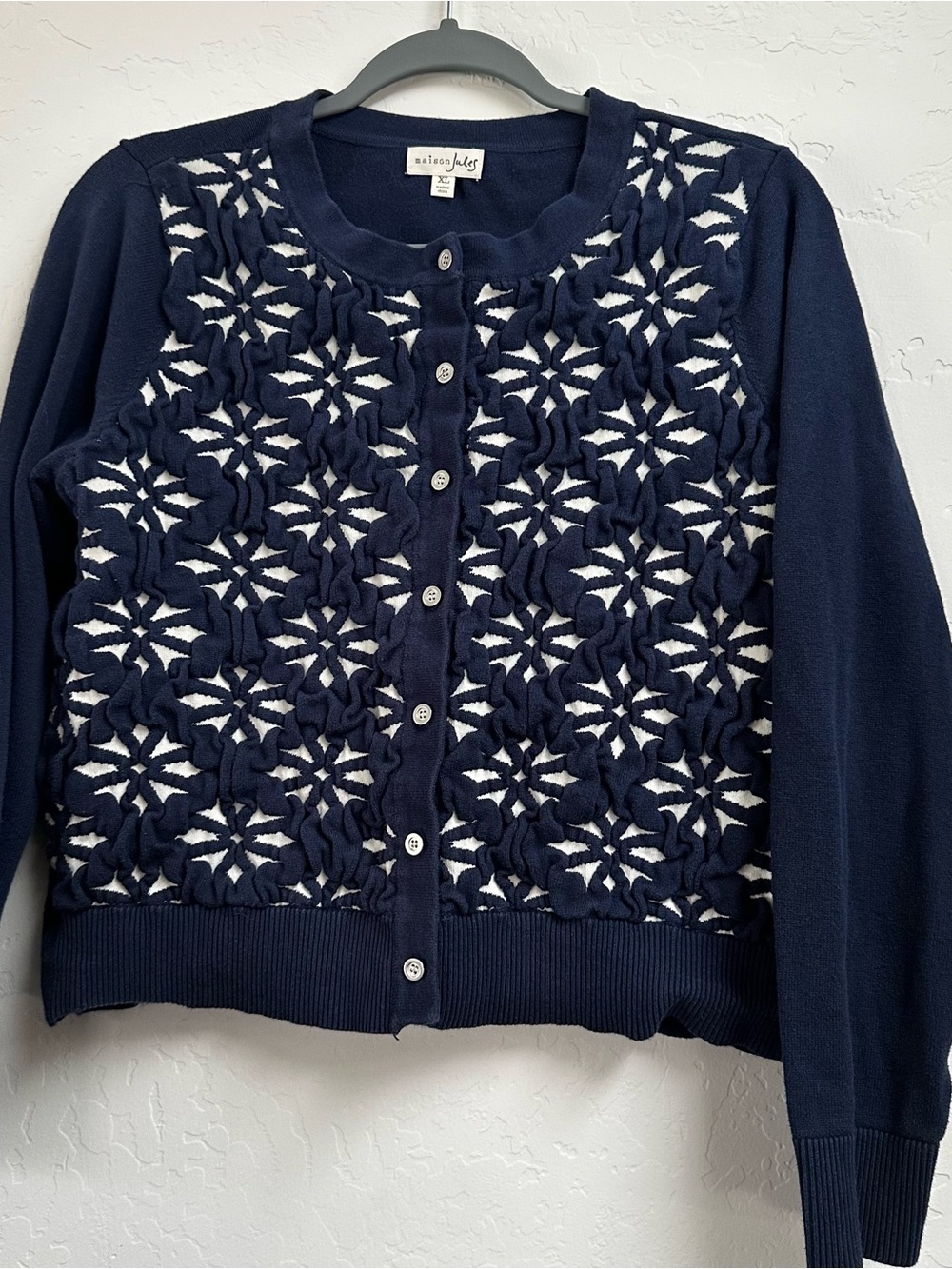 Maison Jules Navy and White Bouclé Front Button Cardigan